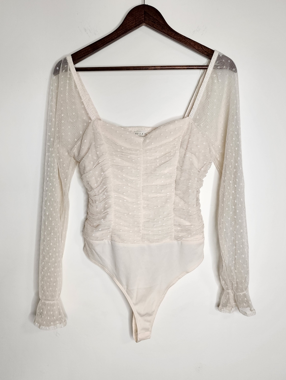 Bella Ella Boutique Cream Iris Romantic Sheer Long-Sleeve Bodysuit Med Ruched
